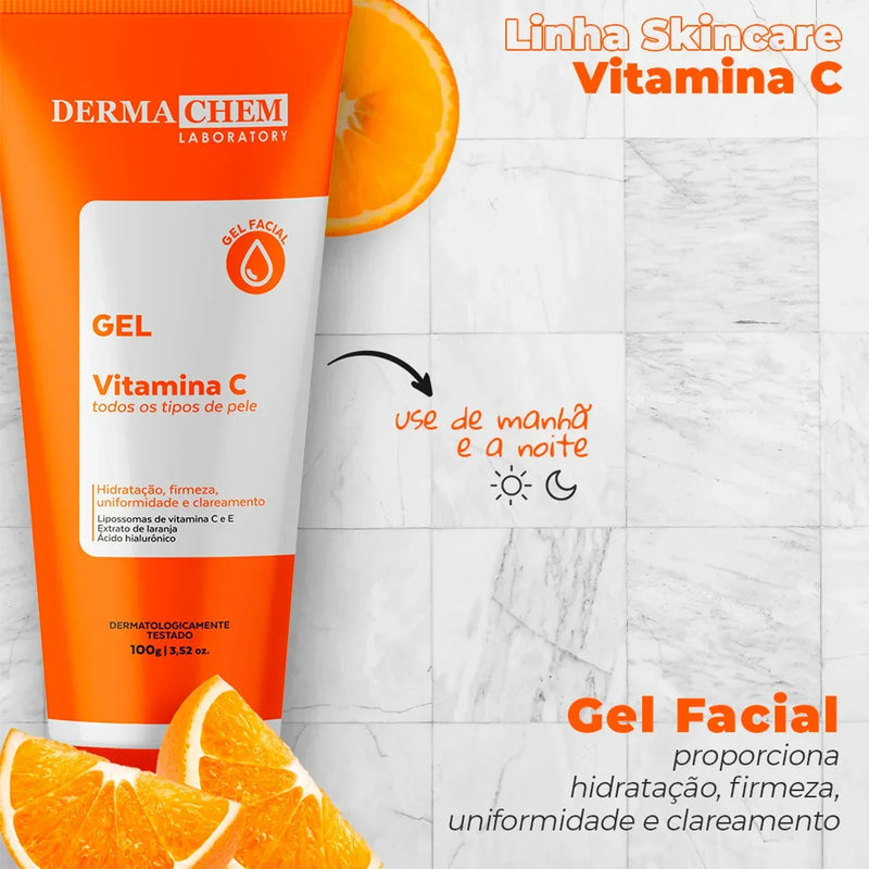 Kit Skincare 3 em 1 Dermachem Vitamina C – Sérum Clareador, Gel Anti-Idade e Sabonete Facial