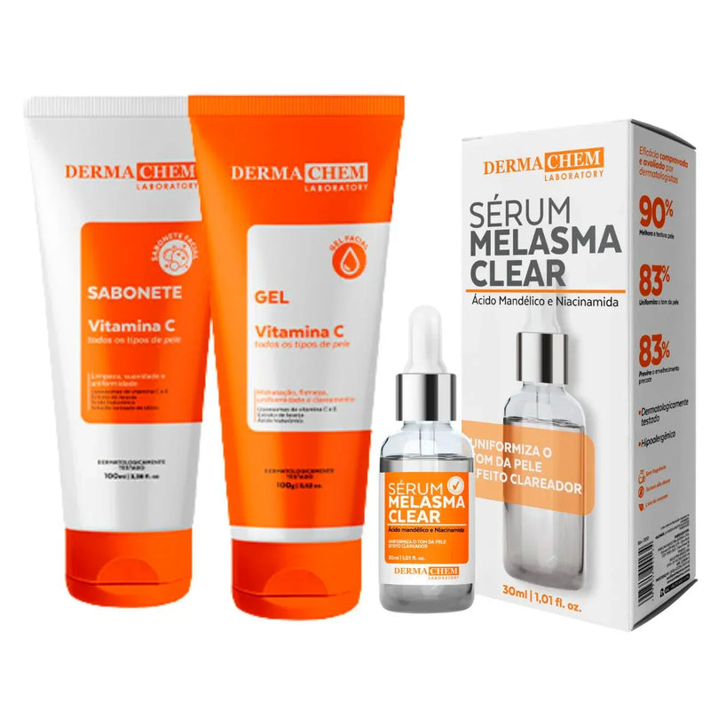 Kit Skincare 3 em 1 Dermachem Vitamina C – Sérum Clareador, Gel Anti-Idade e Sabonete Facial