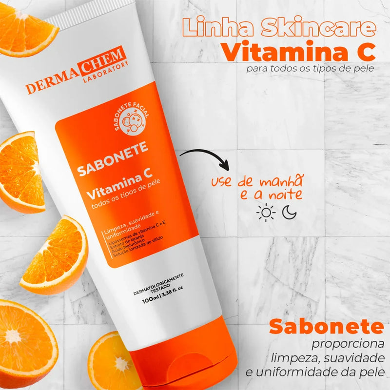 Kit Skincare 3 em 1 Dermachem Vitamina C – Sérum Clareador, Gel Anti-Idade e Sabonete Facial