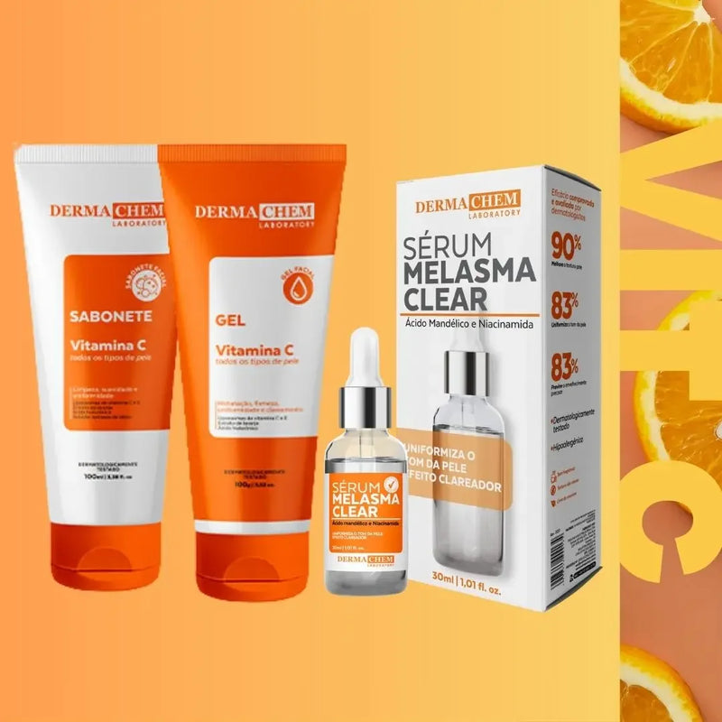 Kit Skincare 3 em 1 Dermachem Vitamina C – Sérum Clareador, Gel Anti-Idade e Sabonete Facial