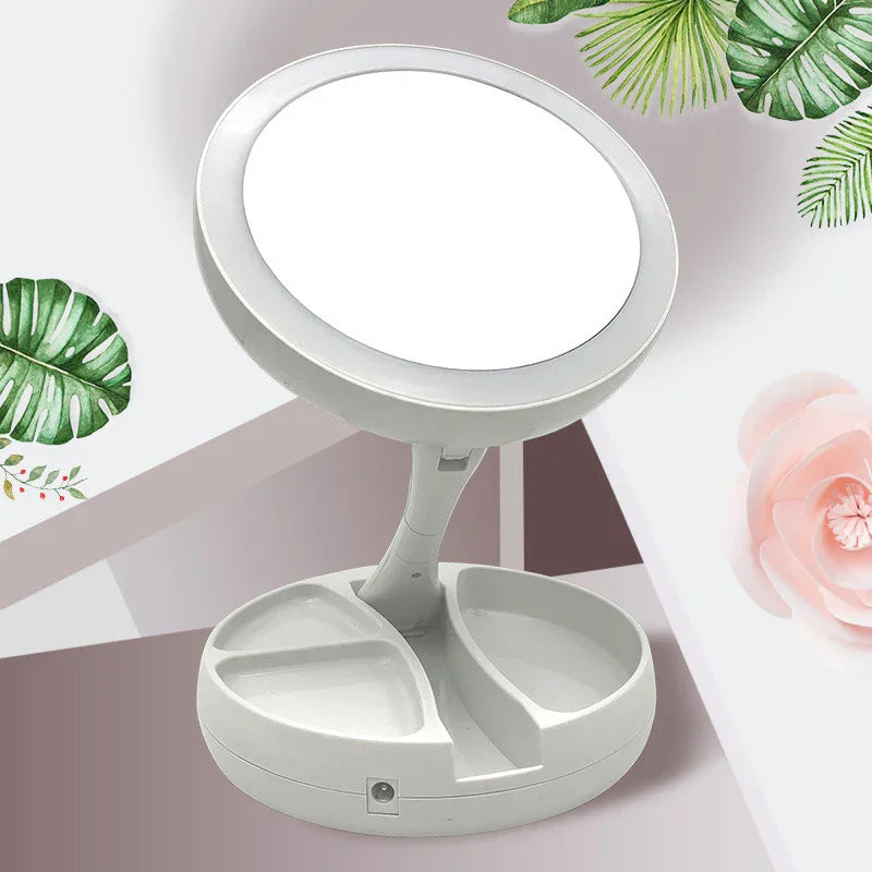 Espelho de Maquiagem LED Dupla Face com Aumento 10x e Organizador – Iluminação Perfeita para Make