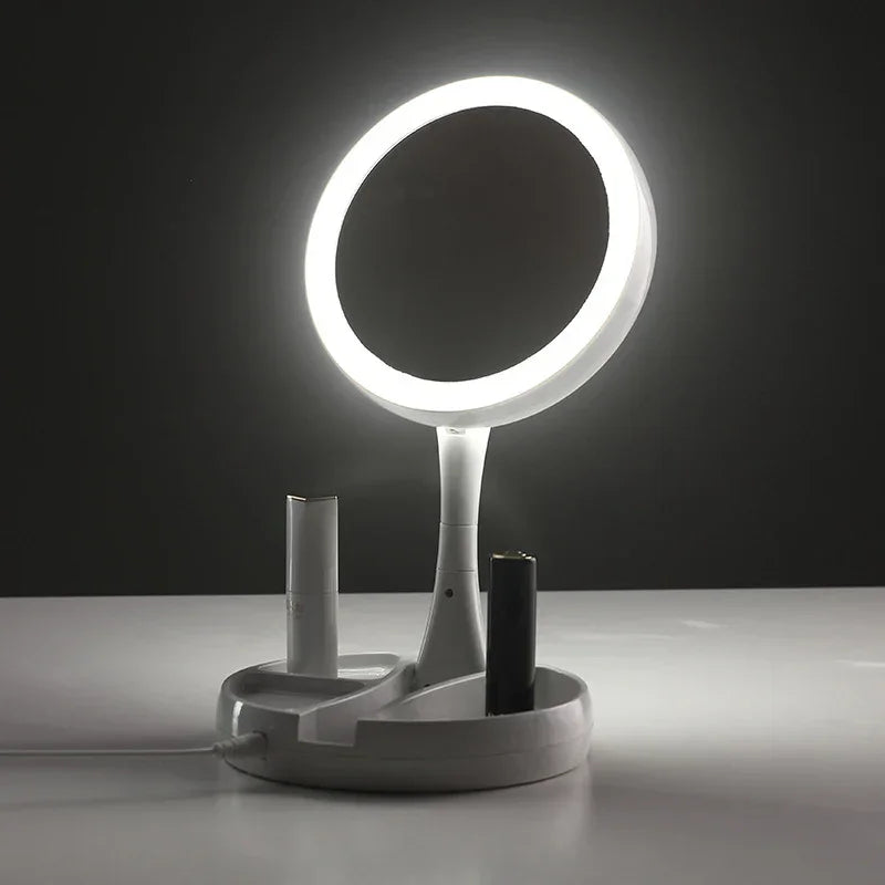 Espelho de Maquiagem LED Dupla Face com Aumento 10x e Organizador – Iluminação Perfeita para Make