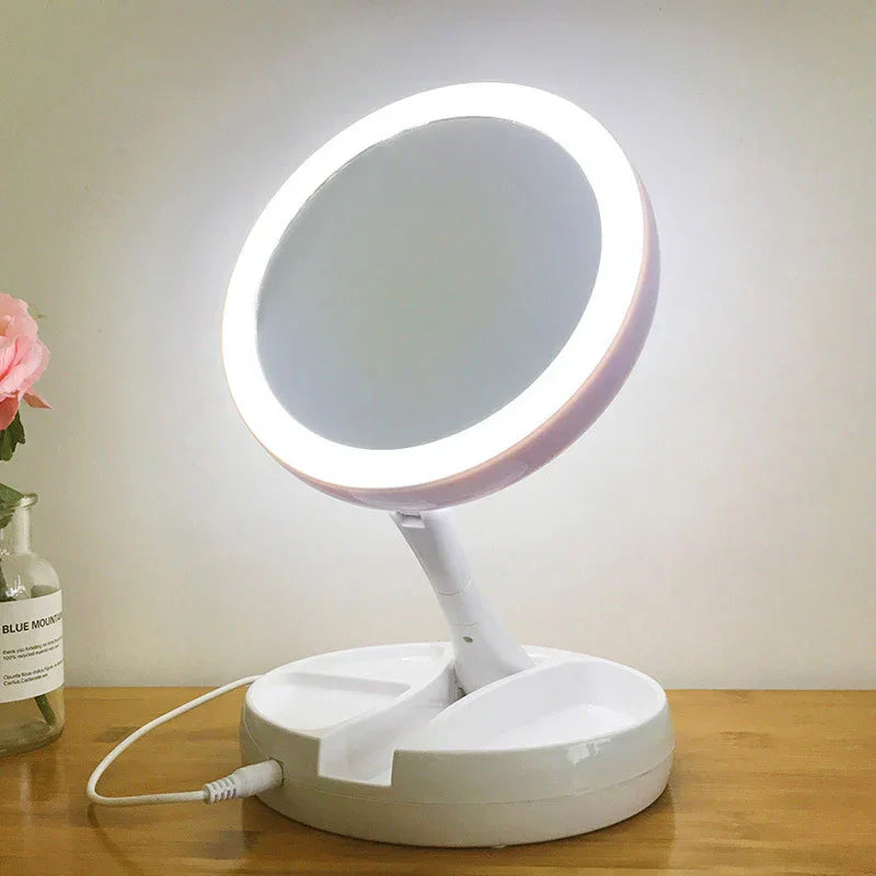 Espelho de Maquiagem LED Dupla Face com Aumento 10x e Organizador – Iluminação Perfeita para Make